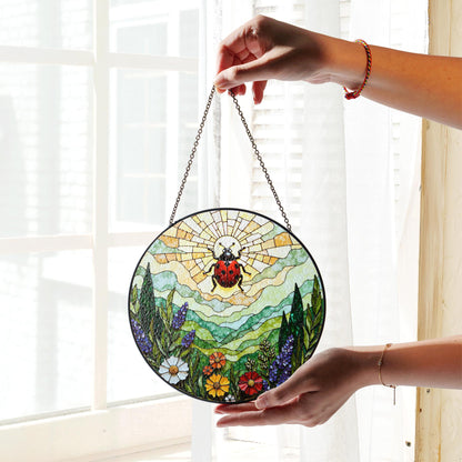 Ladybug and wildflower stained glass suncatcher spring garden gift