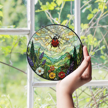 Ladybug and wildflower stained glass suncatcher spring garden gift