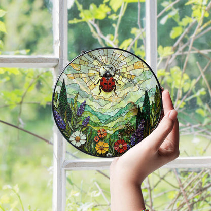 Ladybug and wildflower stained glass suncatcher spring garden gift
