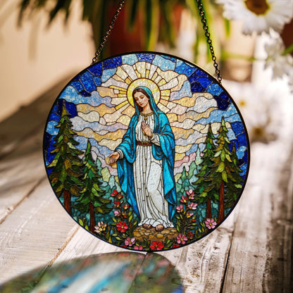 Blessed Virgin Mary stained glass style round suncatcher spiritual window decor gift for Easter or Catholic mom
