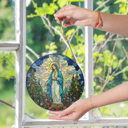 Blessed Virgin Mary stained glass style round suncatcher spiritual window decor gift for Easter or Catholic mom