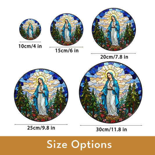 Blessed Virgin Mary stained glass style round suncatcher spiritual window decor gift for Easter or Catholic mom