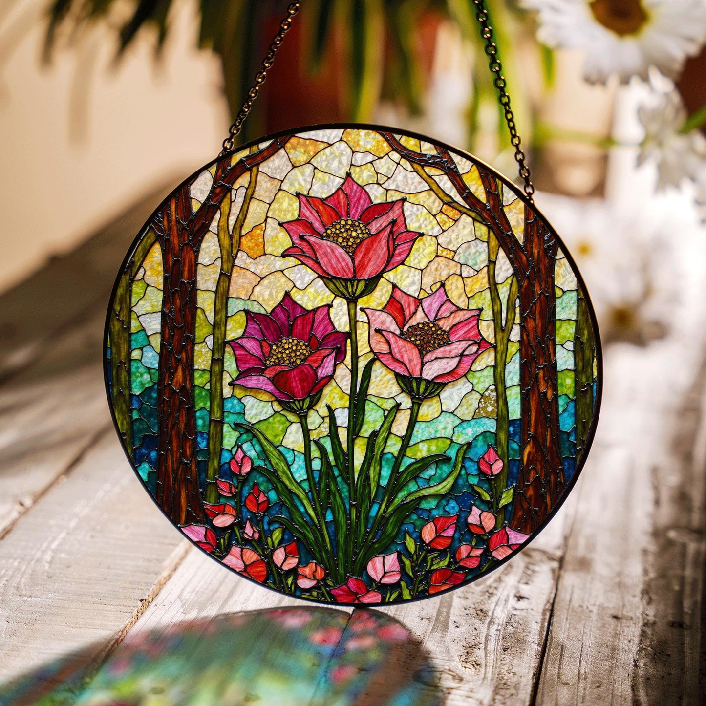 Pink lotus flower forest suncatcher stained glass window hanging gift for her birthday decor