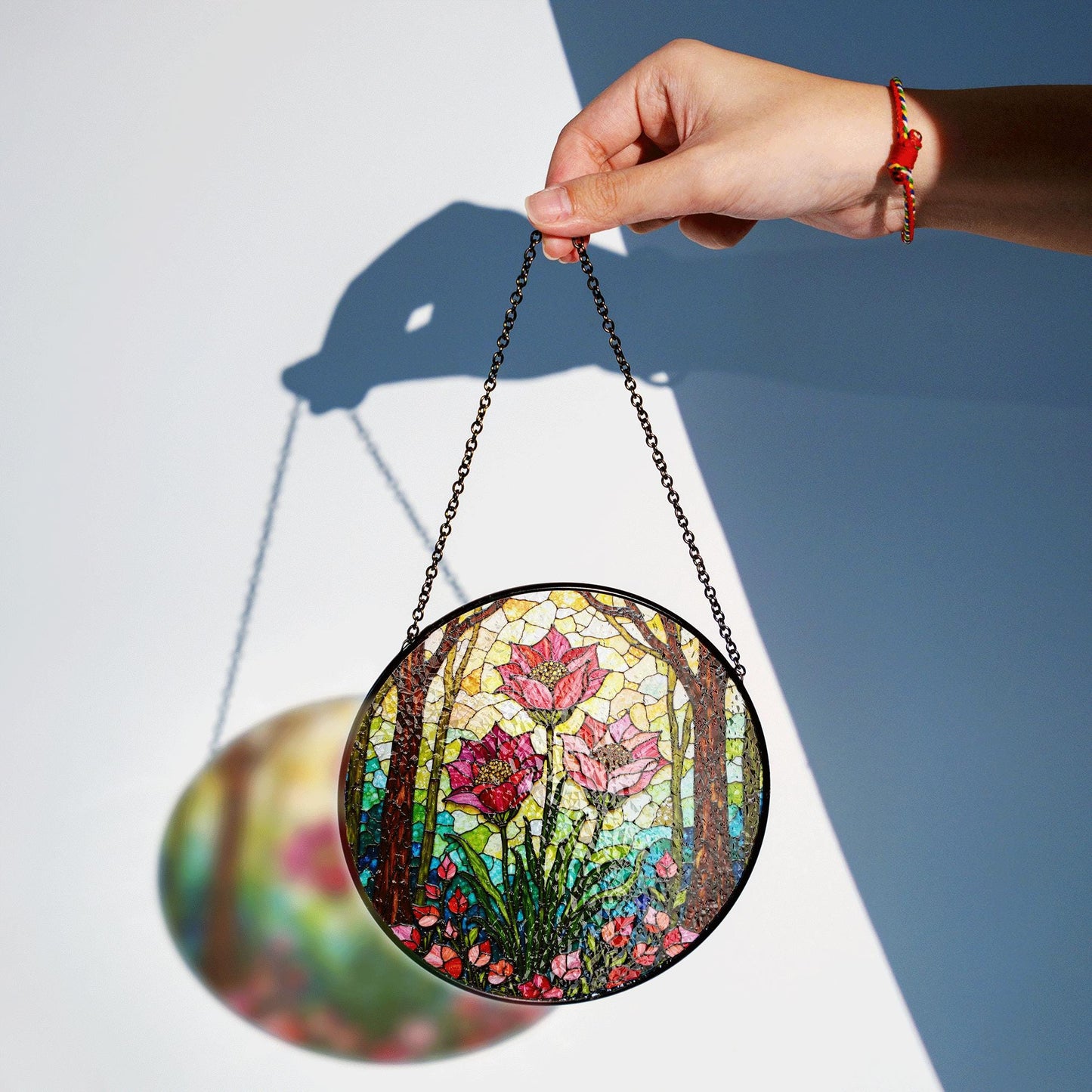 Pink lotus flower forest suncatcher stained glass window hanging gift for her birthday decor