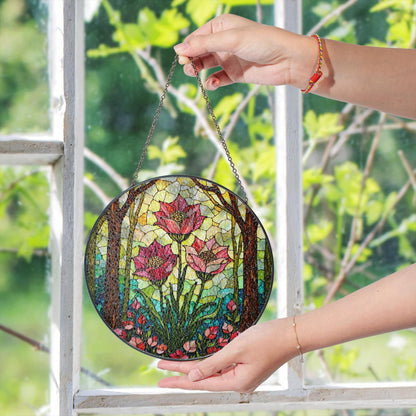 Pink lotus flower forest suncatcher stained glass window hanging gift for her birthday decor