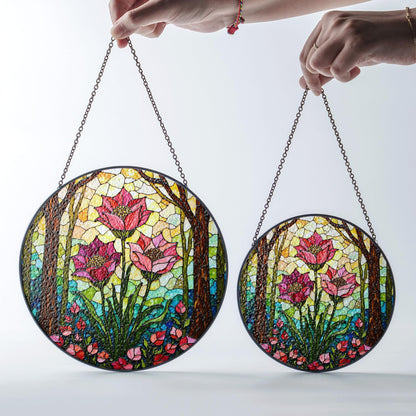 Pink lotus flower forest suncatcher stained glass window hanging gift for her birthday decor