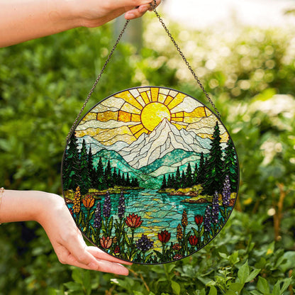 Mountain Lake Wildflower Suncatcher Stained Glass Window Hanging Gift for Nature Lovers
