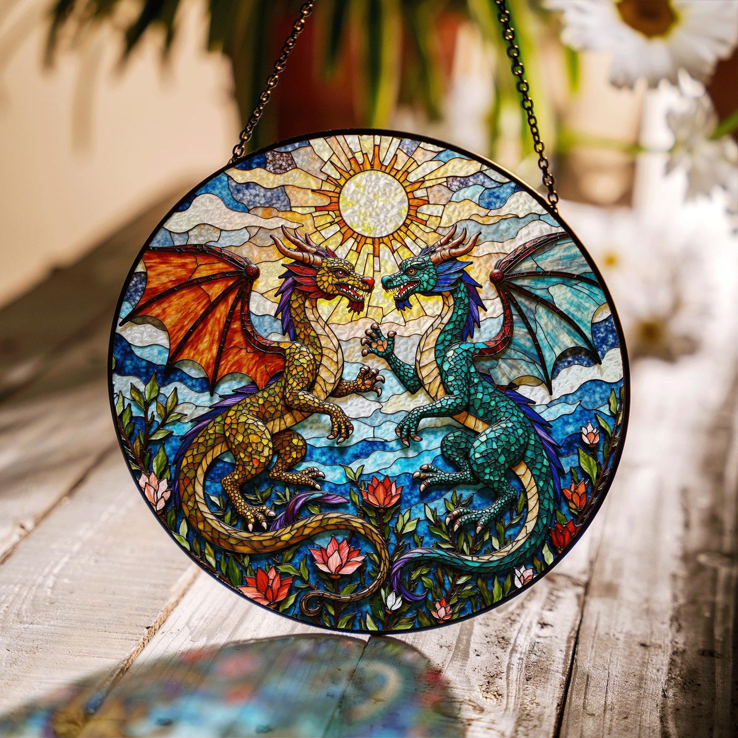 Fantasy dragon pair stained glass round suncatcher mystical window hanging gift for him