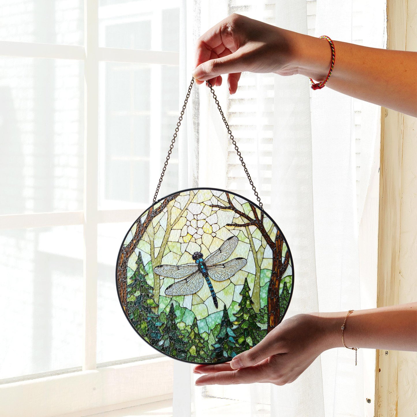 Dragonfly Forest Stained Glass Suncatcher Nature Window Hanging Gift for Mothers Day