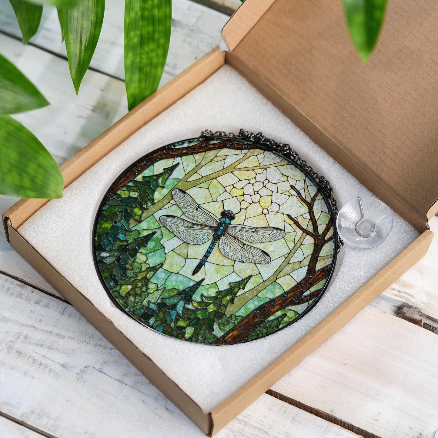 Dragonfly Forest Stained Glass Suncatcher Nature Window Hanging Gift for Mothers Day