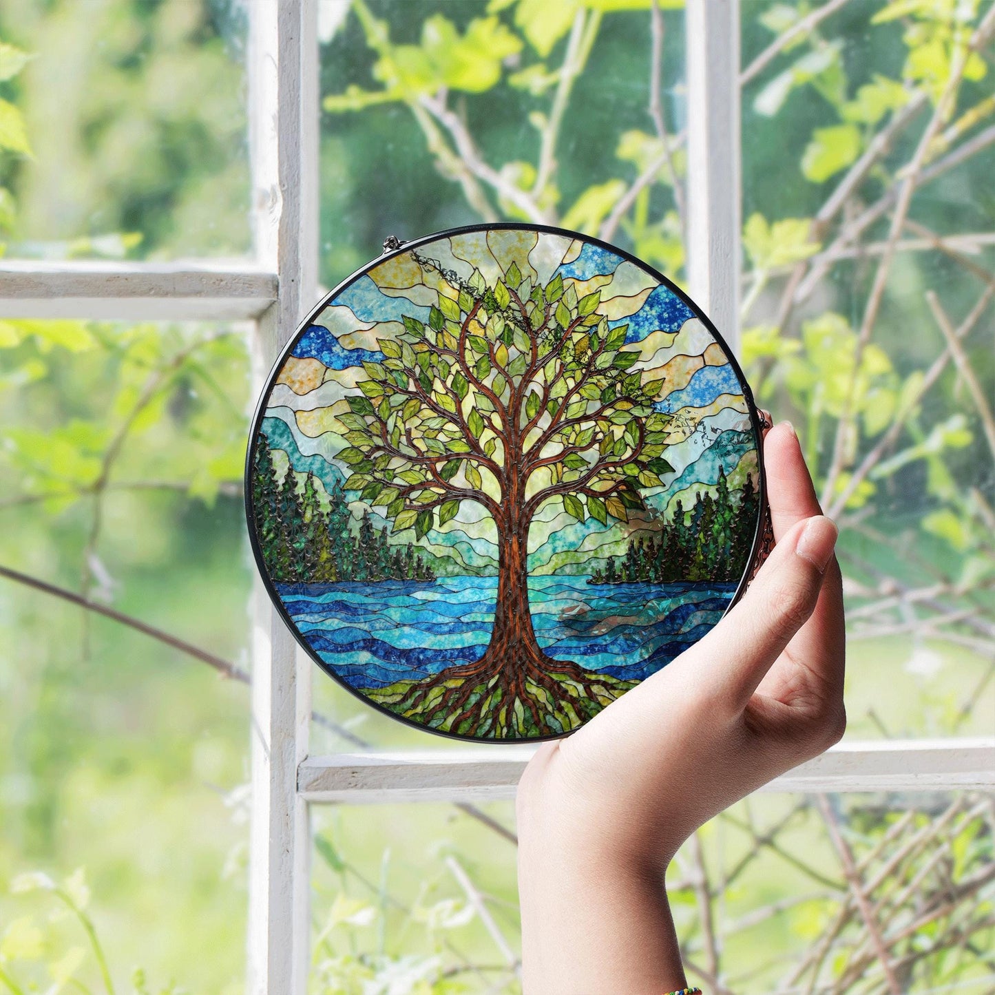 Tree of life stained glass suncatcher forest river art gift for mothers day or nature lovers