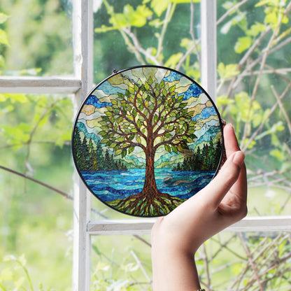 Tree of life stained glass suncatcher forest river art gift for mothers day or nature lovers