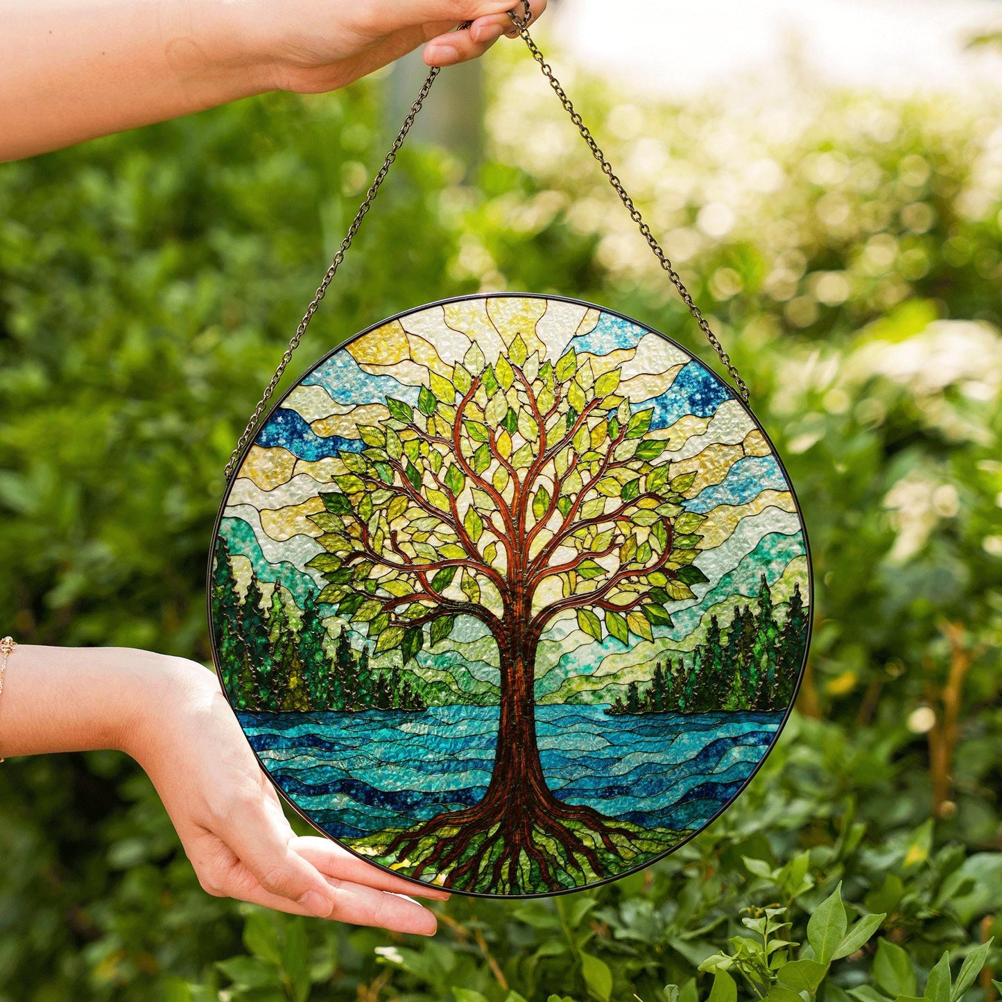 Tree of life stained glass suncatcher forest river art gift for mothers day or nature lovers