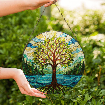 Tree of life stained glass suncatcher forest river art gift for mothers day or nature lovers