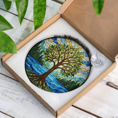Tree of life stained glass suncatcher forest river art gift for mothers day or nature lovers