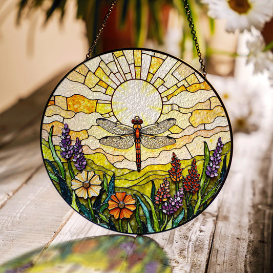 Dragonfly Sun Floral Field Stained Glass Suncatcher Gift for Nature Lovers or Mothers Day Decor