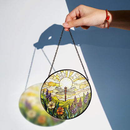 Dragonfly Sun Floral Field Stained Glass Suncatcher Gift for Nature Lovers or Mothers Day Decor