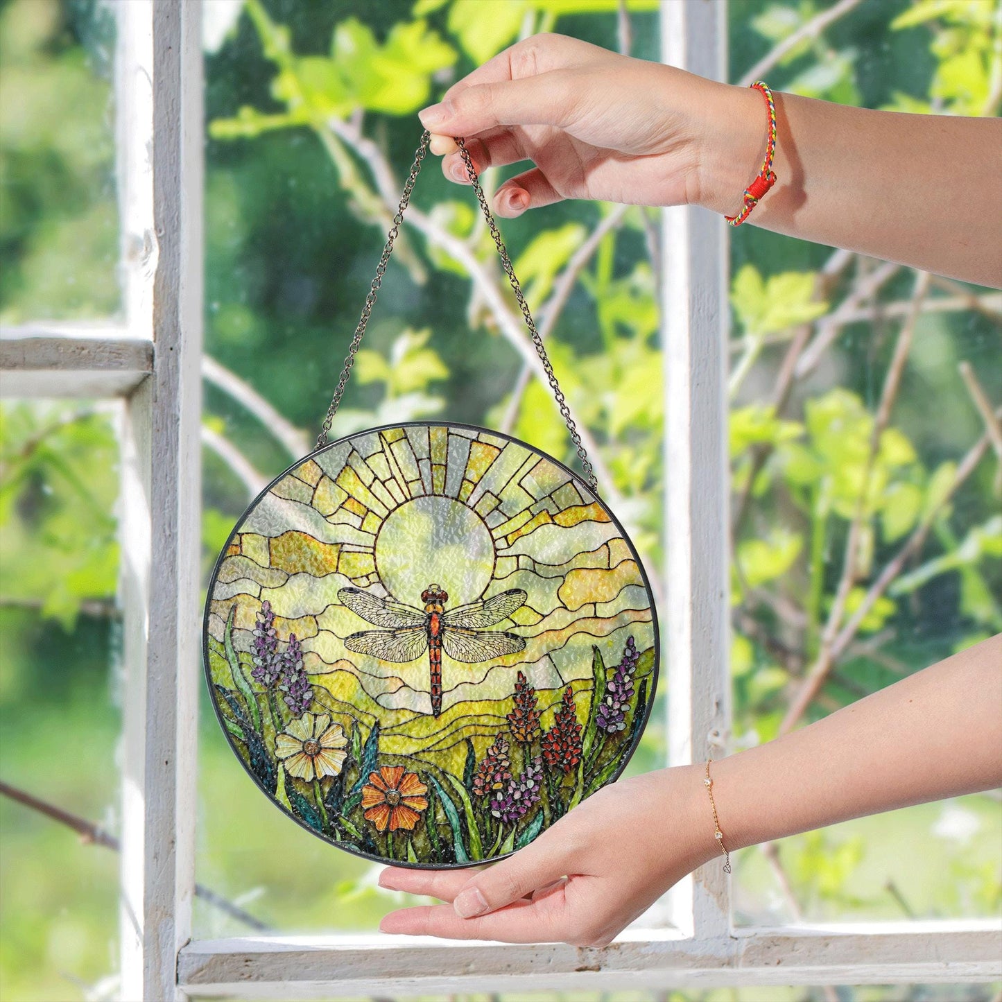 Dragonfly Sun Floral Field Stained Glass Suncatcher Gift for Nature Lovers or Mothers Day Decor