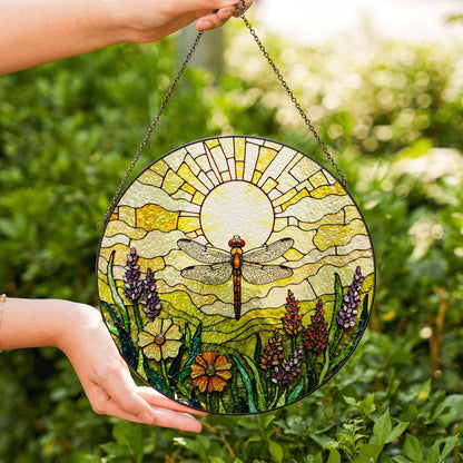 Dragonfly Sun Floral Field Stained Glass Suncatcher Gift for Nature Lovers or Mothers Day Decor