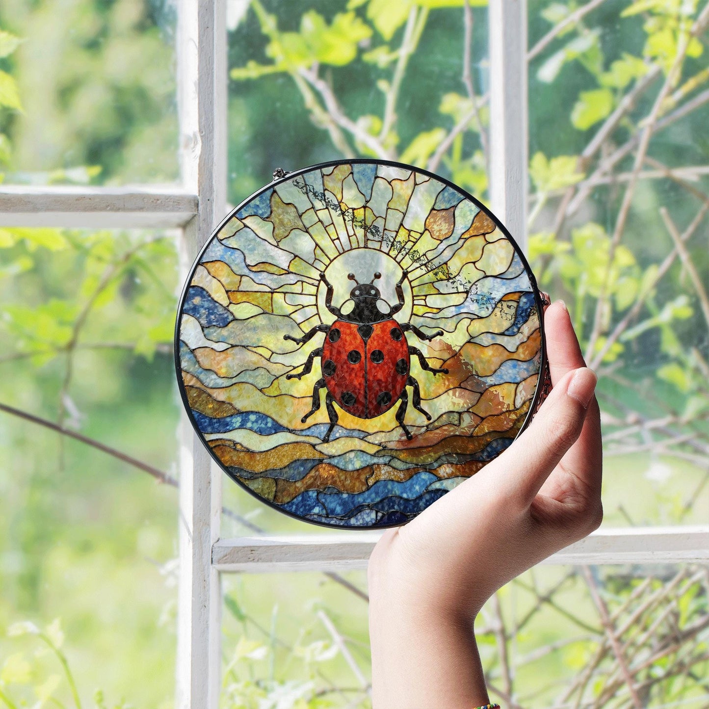 Ladybug stained glass suncatcher insect window decor gift for spring nature lovers