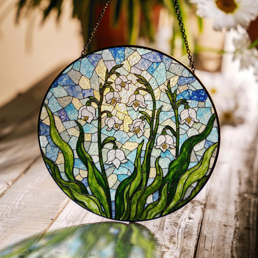 Lily of the valley flower stained glass round suncatcher spring window decor gift for mothers day
