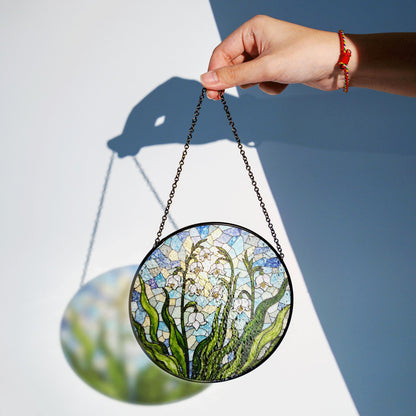 Lily of the valley flower stained glass round suncatcher spring window decor gift for mothers day