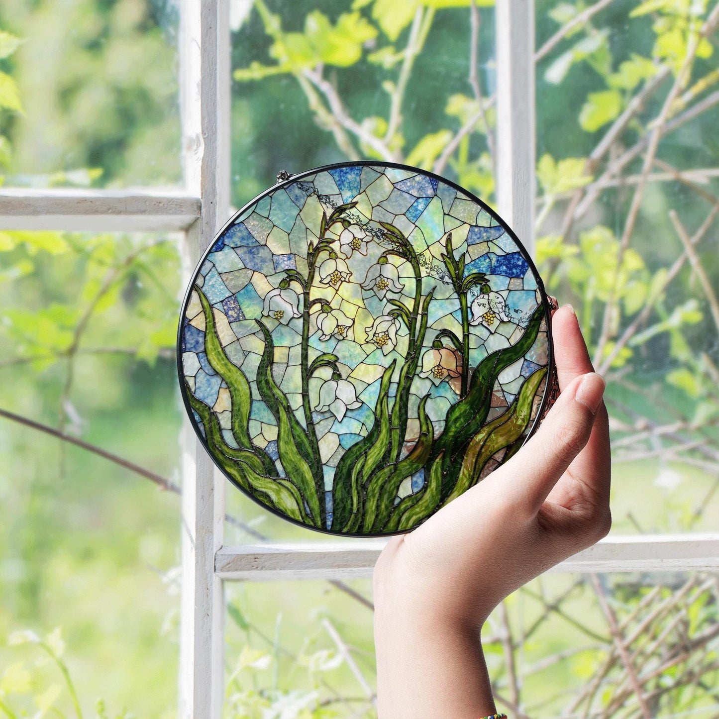 Lily of the valley flower stained glass round suncatcher spring window decor gift for mothers day