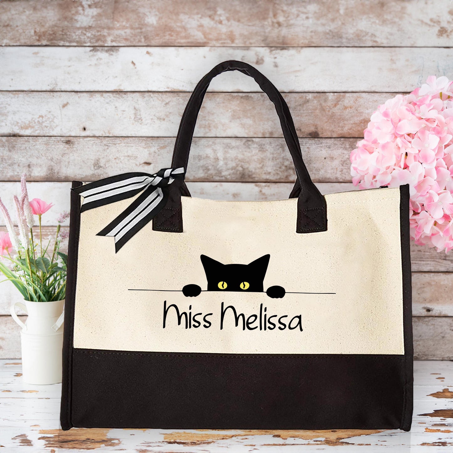 Personalized Black Cat Teacher Tote Bag, Custom Name Canvas Bag Gift for Cat Lovers, Cute Classroom Work Bag for Women, Weekender Tote Bag