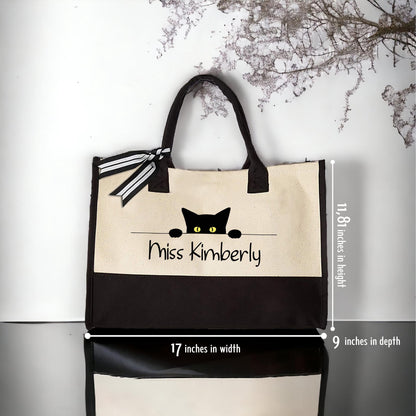 Personalized Black Cat Teacher Tote Bag, Custom Name Canvas Bag Gift for Cat Lovers, Cute Classroom Work Bag for Women, Weekender Tote Bag