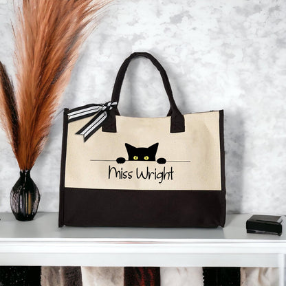 Personalized Black Cat Teacher Tote Bag, Custom Name Canvas Bag Gift for Cat Lovers, Cute Classroom Work Bag for Women, Weekender Tote Bag