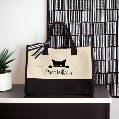 Personalized Black Cat Teacher Tote Bag, Custom Name Canvas Bag Gift for Cat Lovers, Cute Classroom Work Bag for Women, Weekender Tote Bag