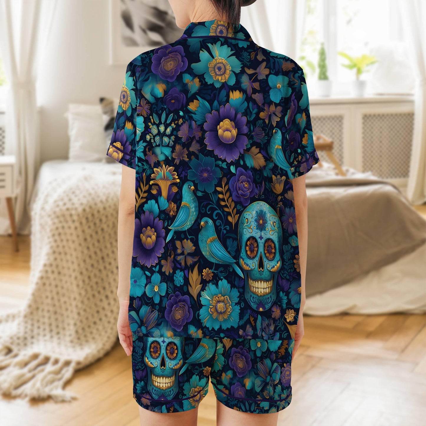 Day of the Dead Pajama Set Short Sleeves, Sugar Skull Woman's Satin Pajamas Calavera Dia de Los Muertos Pajama Set