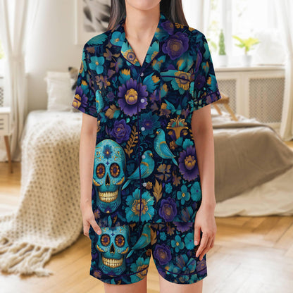 Day of the Dead Pajama Set Short Sleeves, Sugar Skull Woman's Satin Pajamas Calavera Dia de Los Muertos Pajama Set
