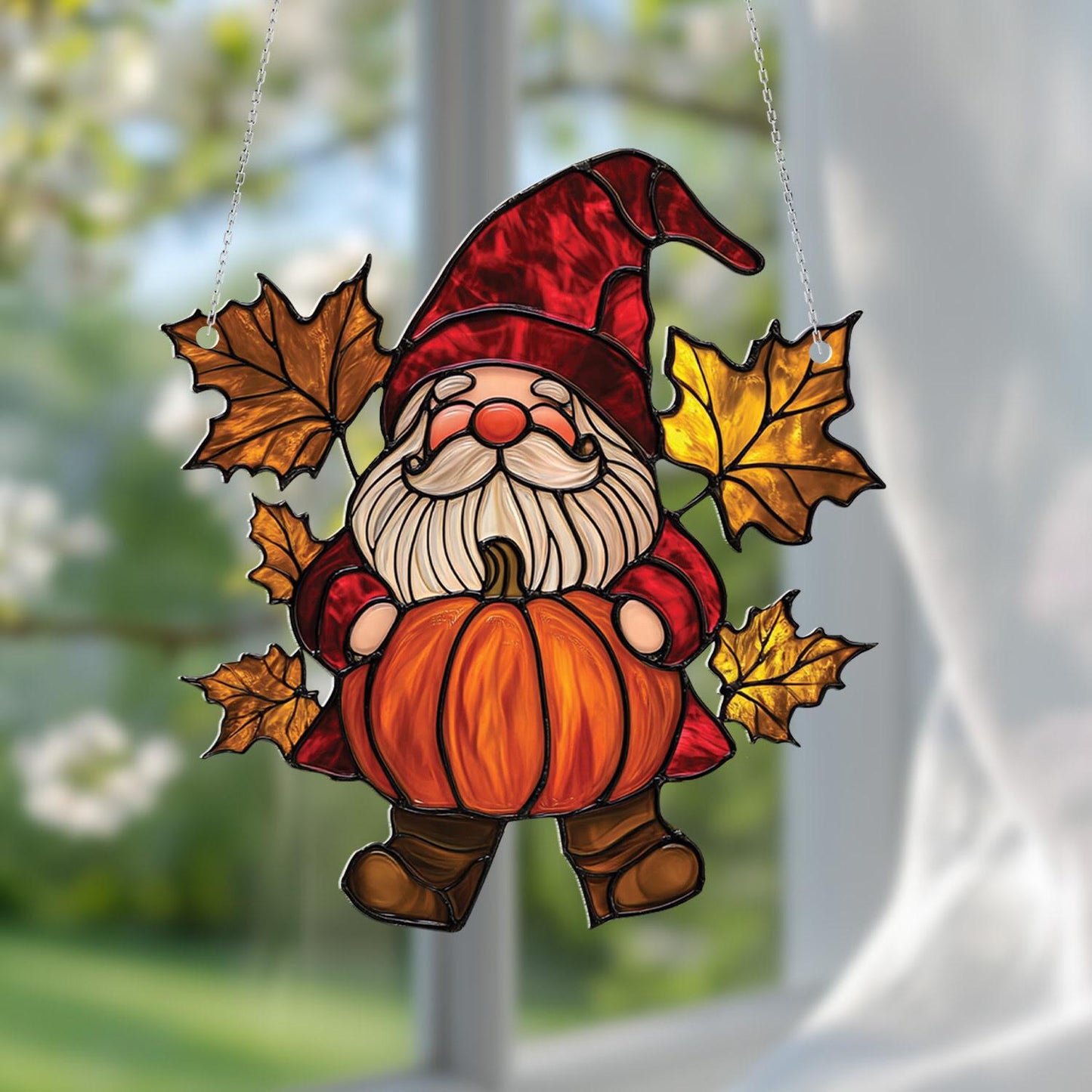 Fall Gnome Pumpkin Window Hanging, Autumn Maple Leaf Decor, Cute Harvest Gnome Ornament, Thanksgiving Home Accent, Farmhouse Gift