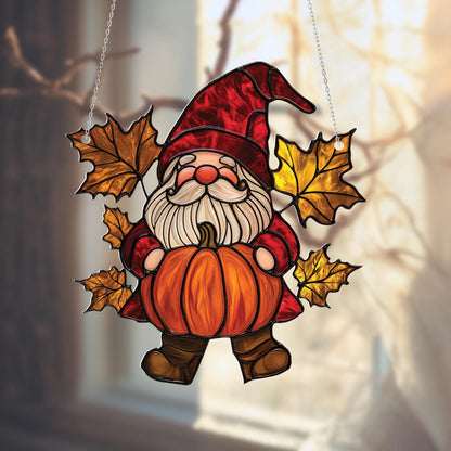 Fall Gnome Pumpkin Window Hanging, Autumn Maple Leaf Decor, Cute Harvest Gnome Ornament, Thanksgiving Home Accent, Farmhouse Gift