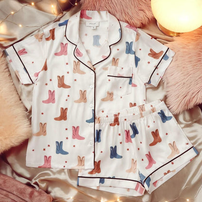 Cowboy Boots Satin Pajamas Set, Western Pattern Pajamas, Western Pajamas, Cowgirl Boot Pajama, Family Pyjamas, Womens Pajamas, Cowboyart Pjs