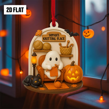 Personalized Knitting Halloween Ornament – Cute Ghost With Knitting, Custom Name Ornament 2D Flat, Fun And Spooky Halloween Hanging Window