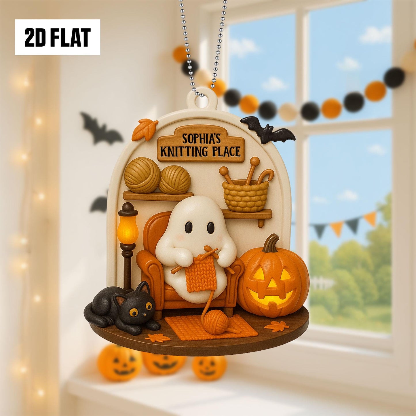 Personalized Knitting Halloween Ornament – Cute Ghost With Knitting, Custom Name Ornament 2D Flat, Fun And Spooky Halloween Hanging Window