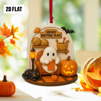 Personalized Knitting Halloween Ornament – Cute Ghost With Knitting, Custom Name Ornament 2D Flat, Fun And Spooky Halloween Hanging Window