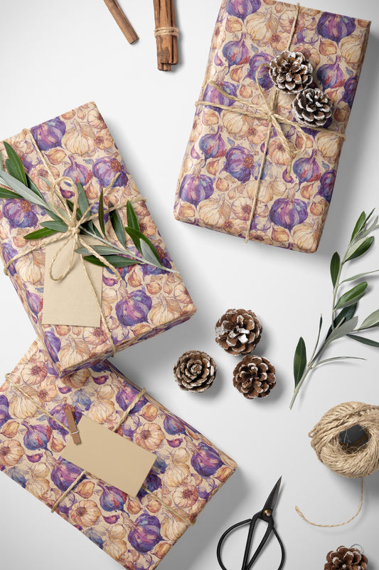 Farmers Market Wrapping Paper Roll Rustic Farm Fresh Garlic Illustration Eco Friendly Farmhouse Kitchen Country Gift Wrap #44