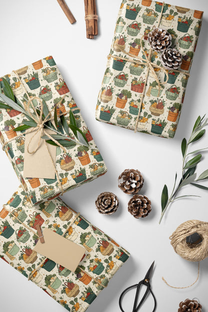 Farmers Market Wrapping Paper Roll Vintage Style Fruits and Veggies Illustration Rustic Country Farm Fresh Kitchen Gift Wrap #2