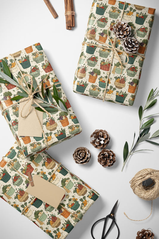Farmers Market Wrapping Paper Roll Vintage Style Fruits and Veggies Illustration Rustic Country Farm Fresh Kitchen Gift Wrap #2