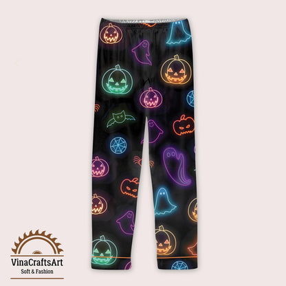 Cute Halloween Ghost Pajamas Set, Neon Ghost Pumpkin Bat Pajamas Set, Spooky Cute Sleepwear, Holiday Loungewear