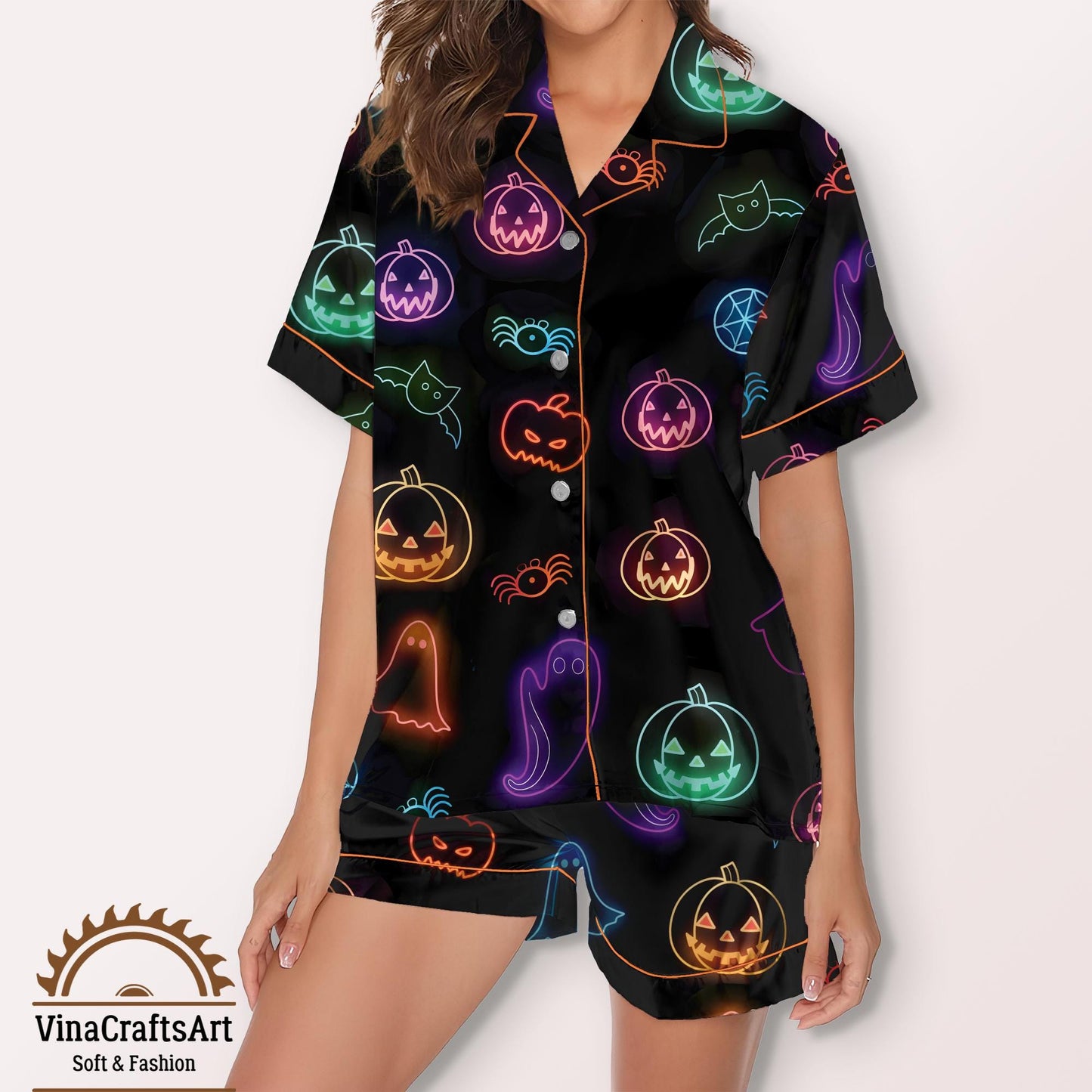 Cute Halloween Ghost Pajamas Set, Neon Ghost Pumpkin Bat Pajamas Set, Spooky Cute Sleepwear, Holiday Loungewear