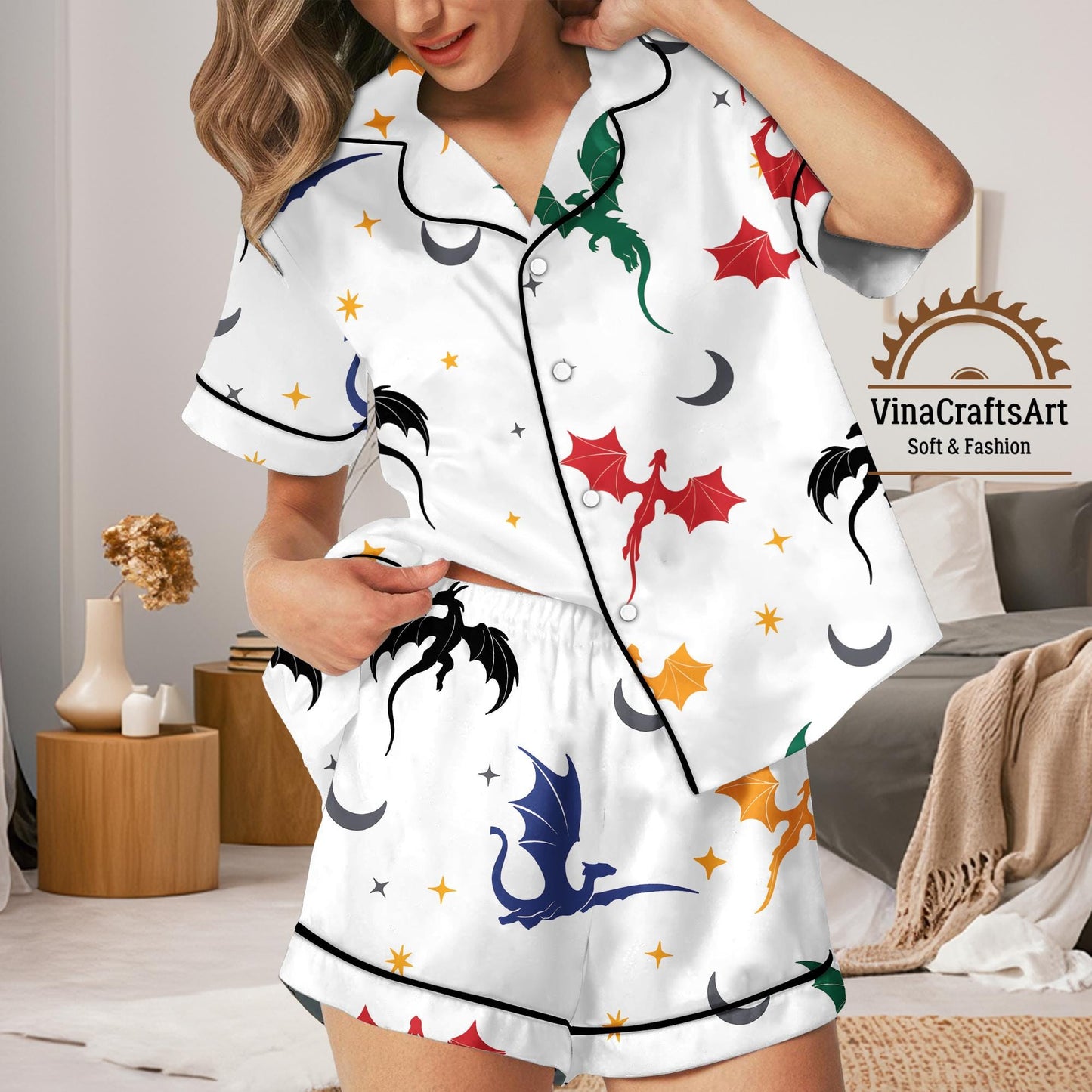 Dragon Pajamas Set, Fantasy Nightwear for Women, Colorful Dragon Moon Star Pajamas Set, Fourth Wing Pajamas Set