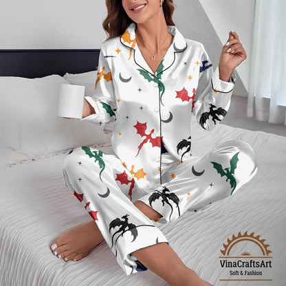 Dragon Pajamas Set, Fantasy Nightwear for Women, Colorful Dragon Moon Star Pajamas Set, Fourth Wing Pajamas Set