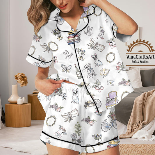 Cottagecore Pajamas Set, Vintage Book Dog Bicycle Pajamas Set, Cozy Floral Loungewear, Floral Pajamas Set, Whimsical Sleepwear