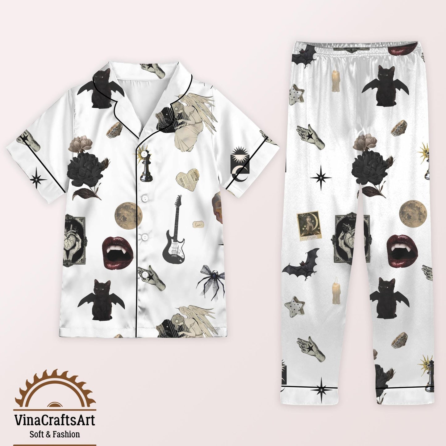 Gothic Pajamas Set, Vampire Bat Skull Moon Pajamas Set, Dark Aesthetic Sleepwear, Rock and Roll Loungewear, Spooky pajamas Set