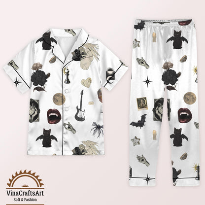 Gothic Pajamas Set, Vampire Bat Skull Moon Pajamas Set, Dark Aesthetic Sleepwear, Rock and Roll Loungewear, Spooky pajamas Set