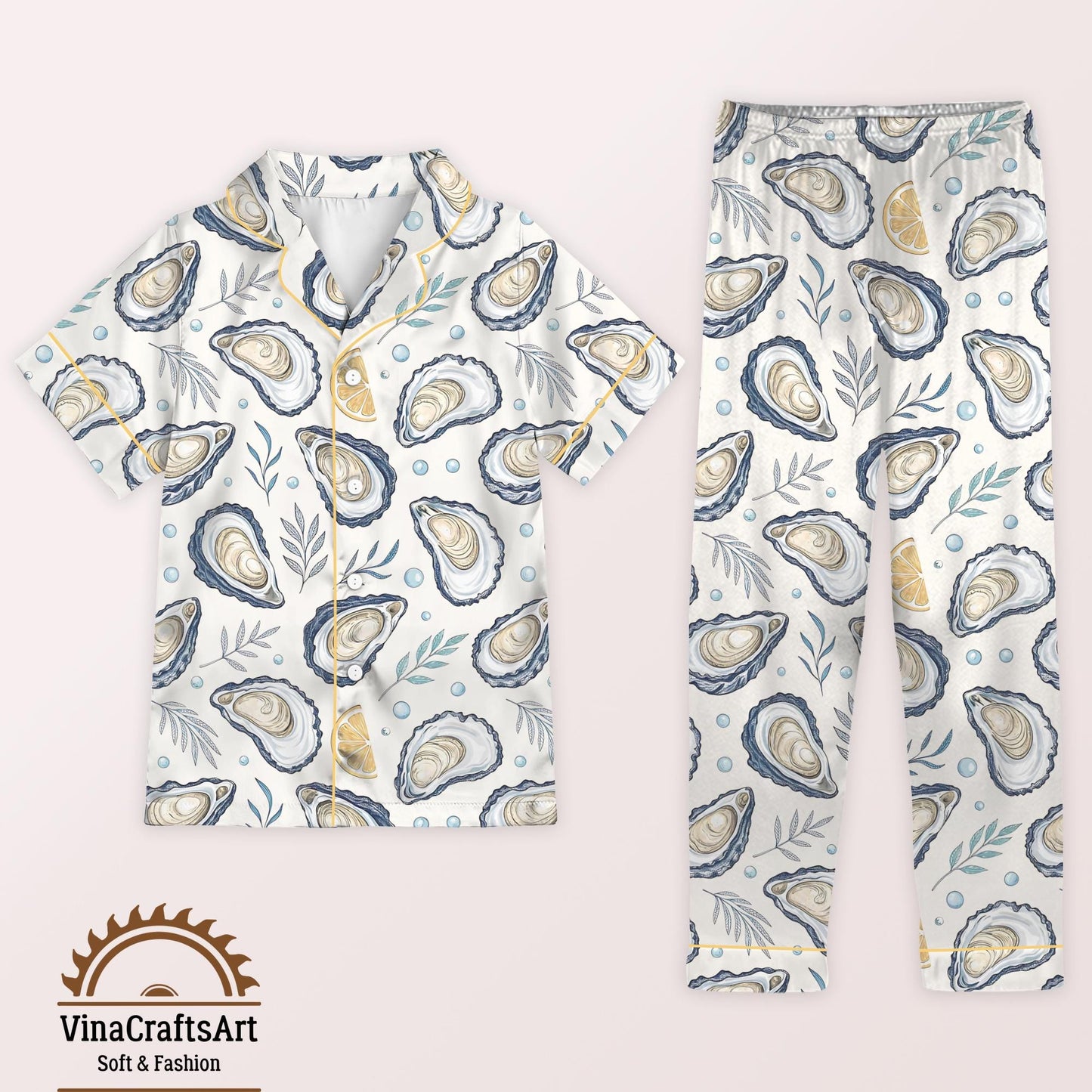 Oyster Pajamas Set, Coastal Summer Sleepwear for Women, Seashell Lemon Pajamas Set, Nautical Beach Loungewear, Cute Summer Pajamas